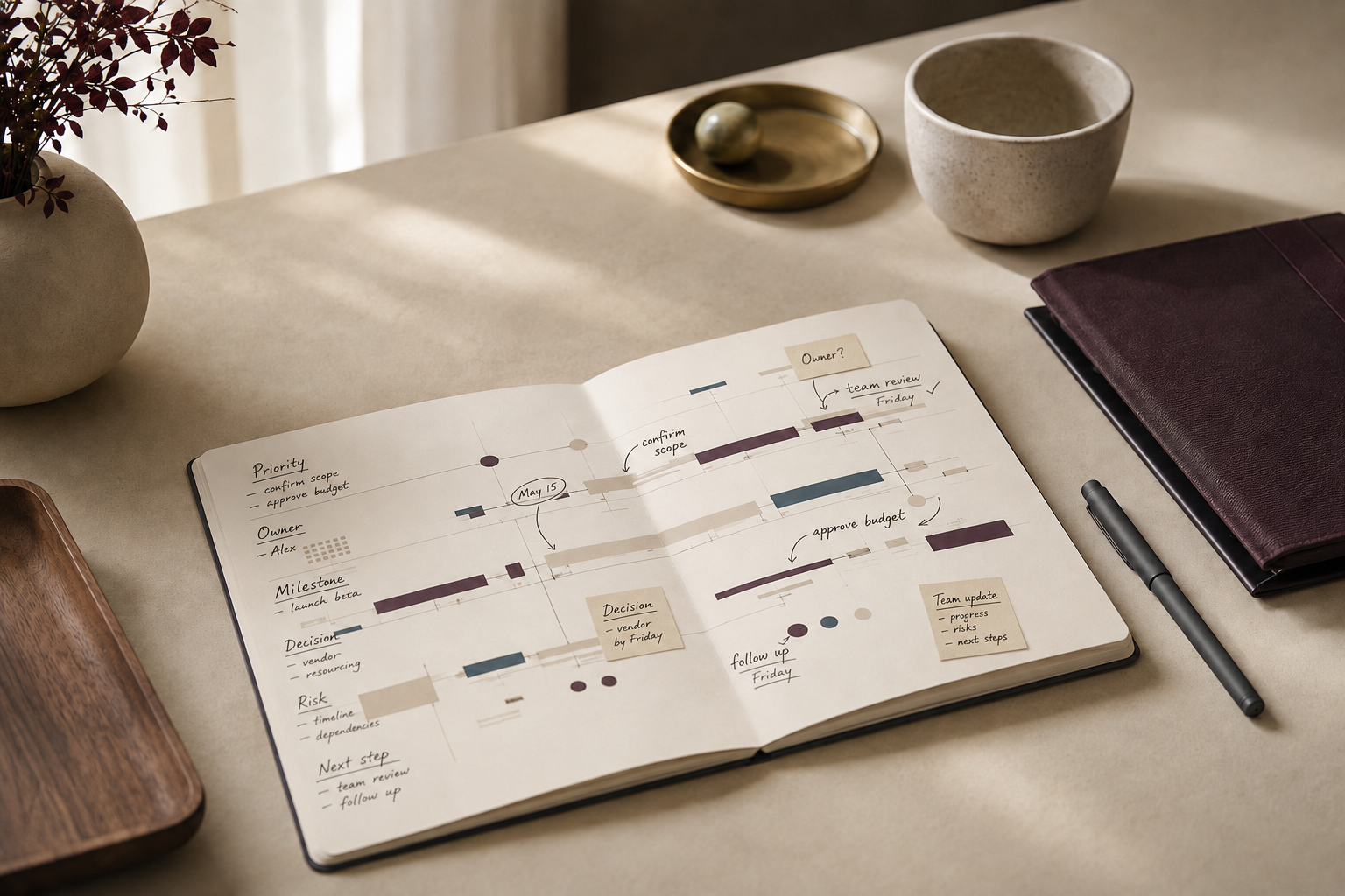 A warm workspace with a handwritten project leadership plan, milestones, owners, and next steps